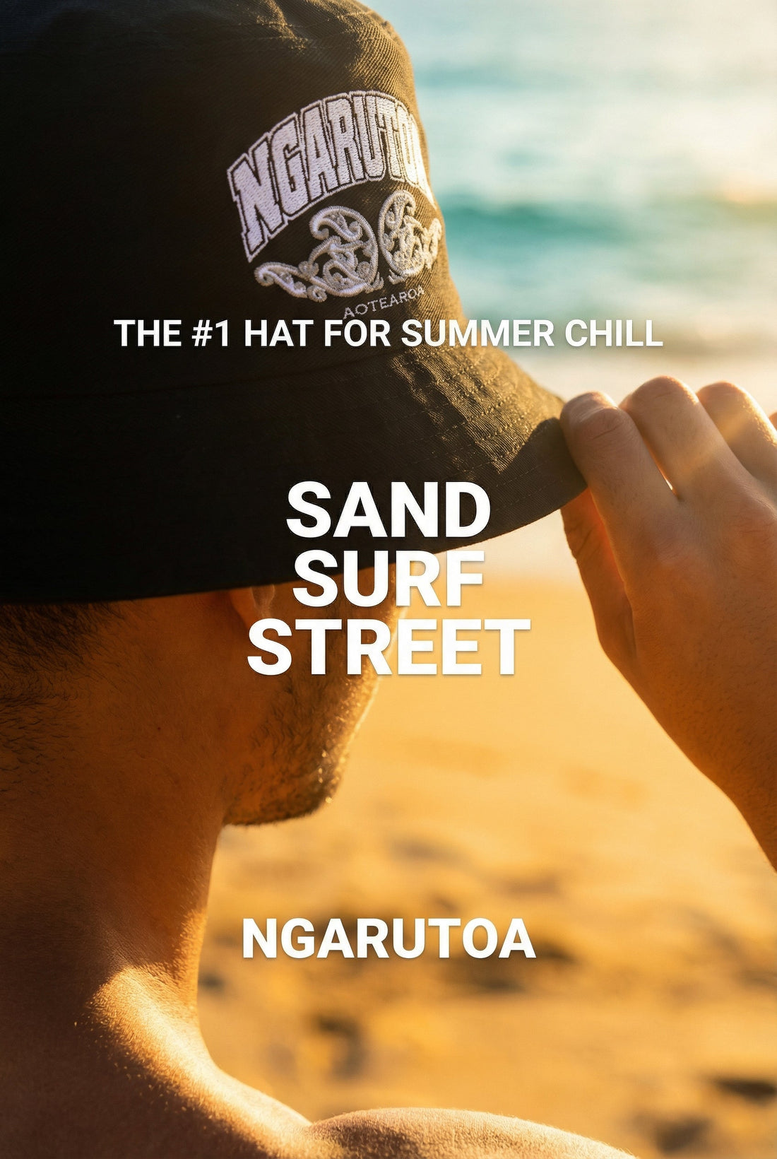 Māori boy wearing Ngaru Toa beach hat — indigenous fashion Aotearoa | Ngaru Toa Aotearoa