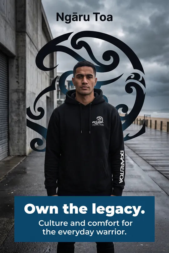 Ngaru Toa surfer on rocky Aotearoa coastline with Māori-patterned surfboard — the roots of indigenous surf and streetwear culture