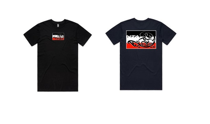 Mana Haki Tee – Black front and Navy back view featuring NTA flag graphic in red, black and white